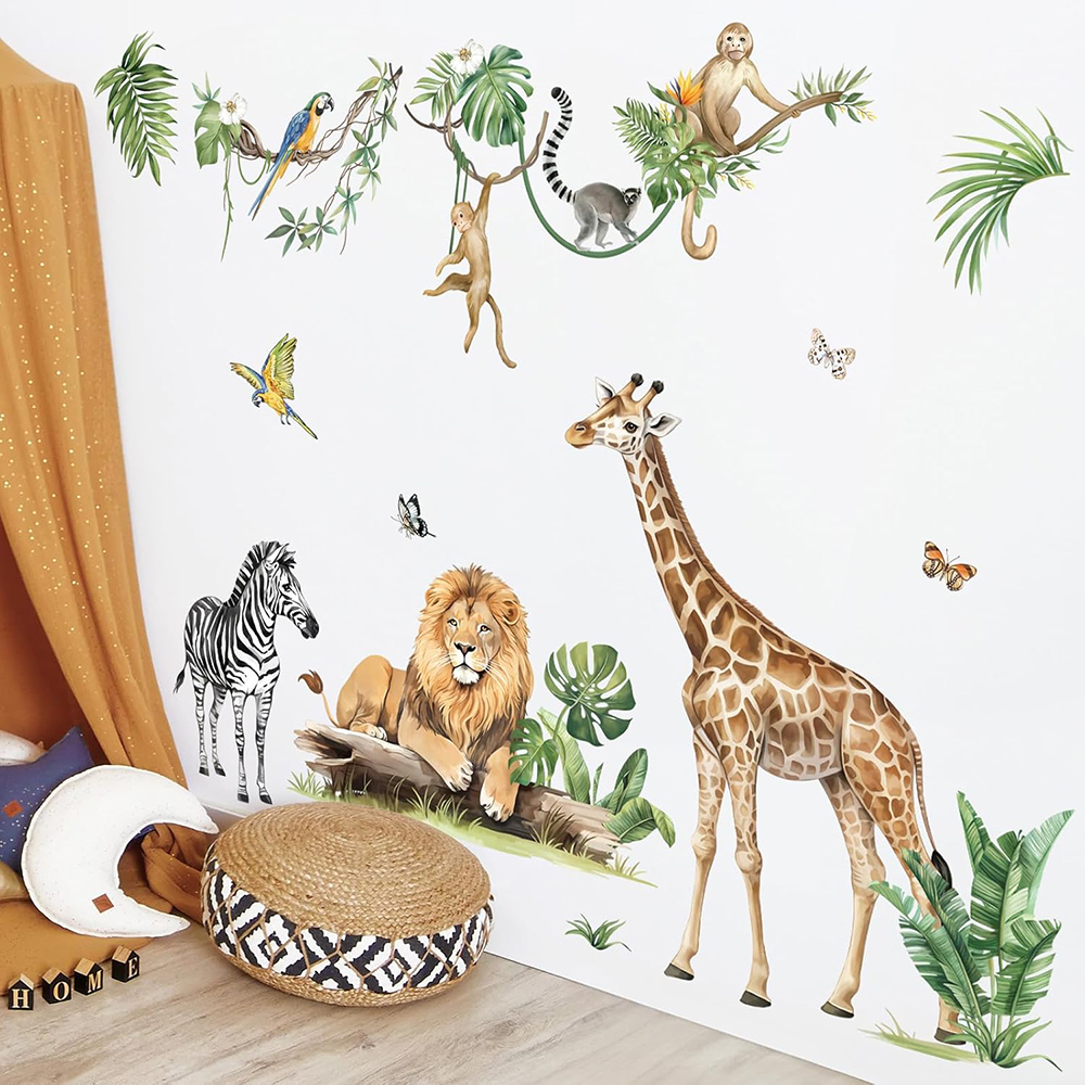 Baby Nursery Panelling - Large Jungle Animal Tropical Leaves Wall