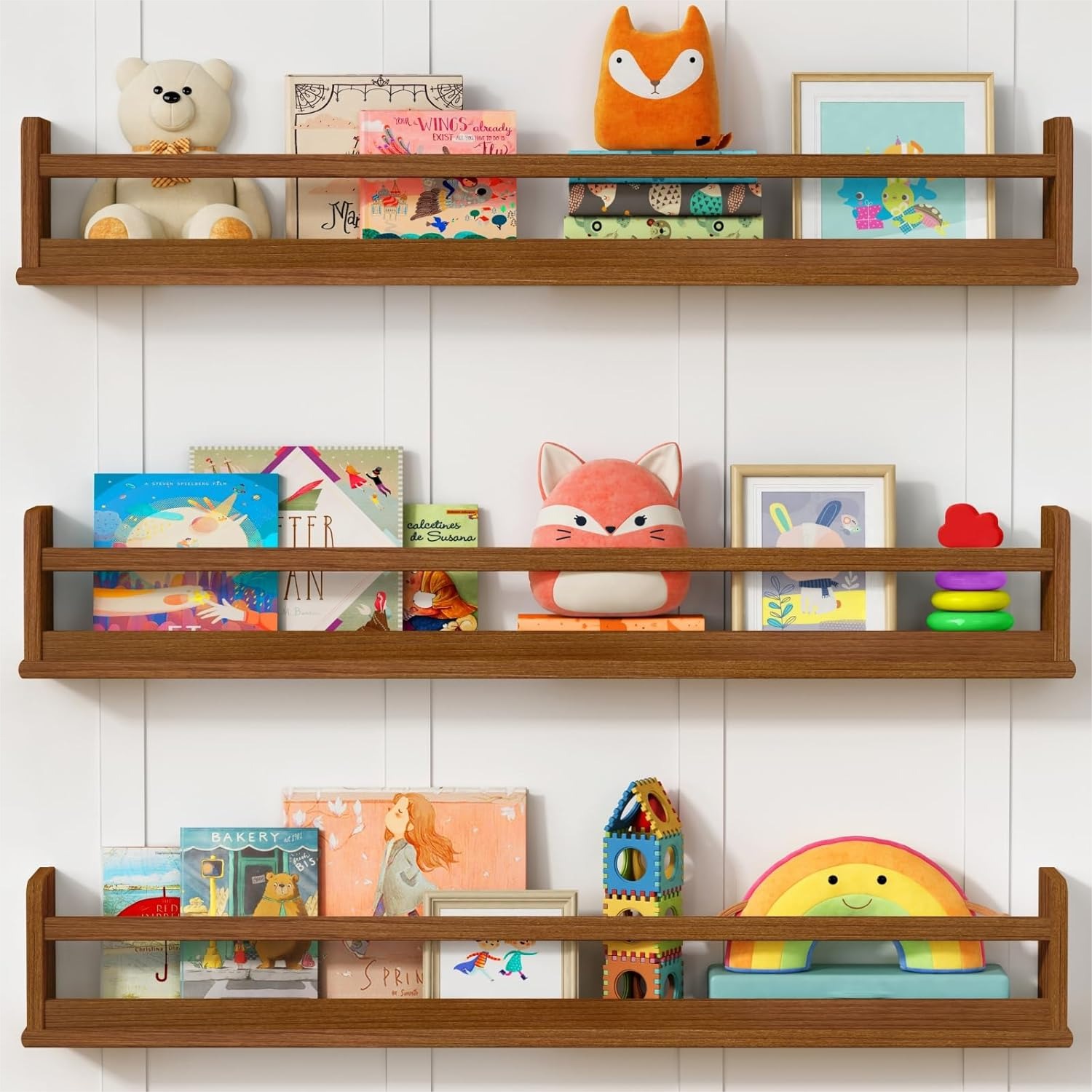 Baby Nursery Books - Dark Wood Wall Bookshelf For Kids