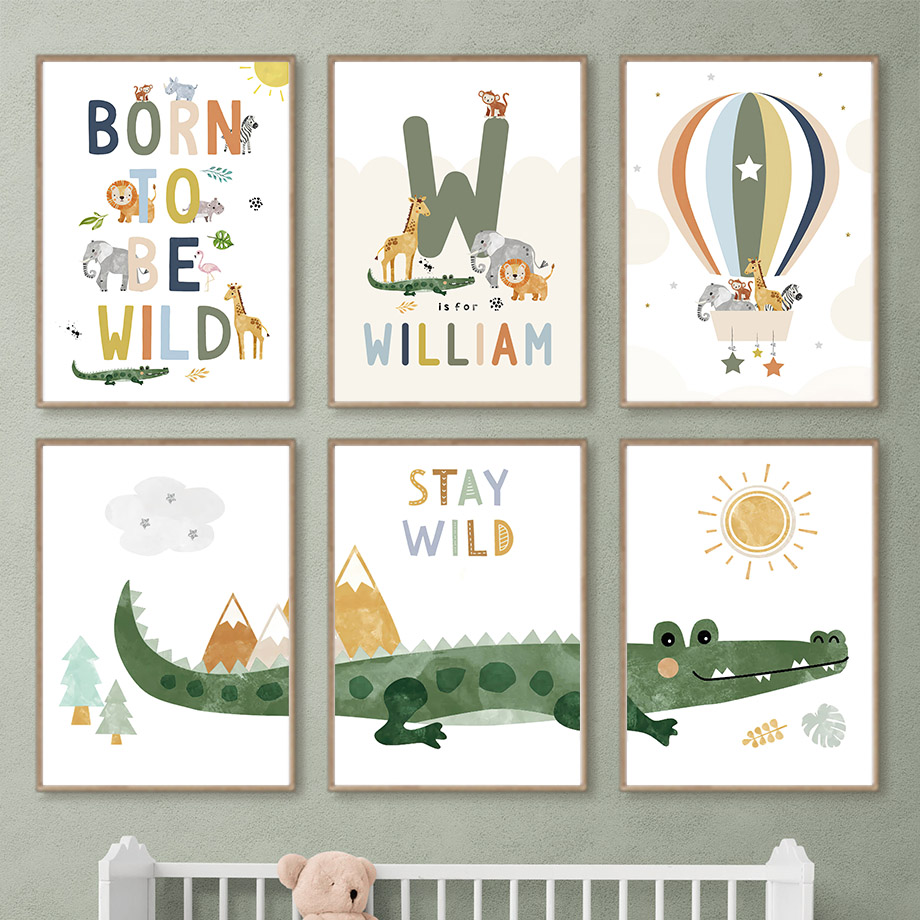 Baby Nursery Animal Pictures - Crocodile Balloon Lion Elephant Giraffe Nordic