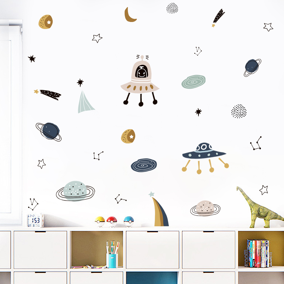 Baby Nursery Labels - Cartoon Ufo Aliens Planet Pattern Watercolor