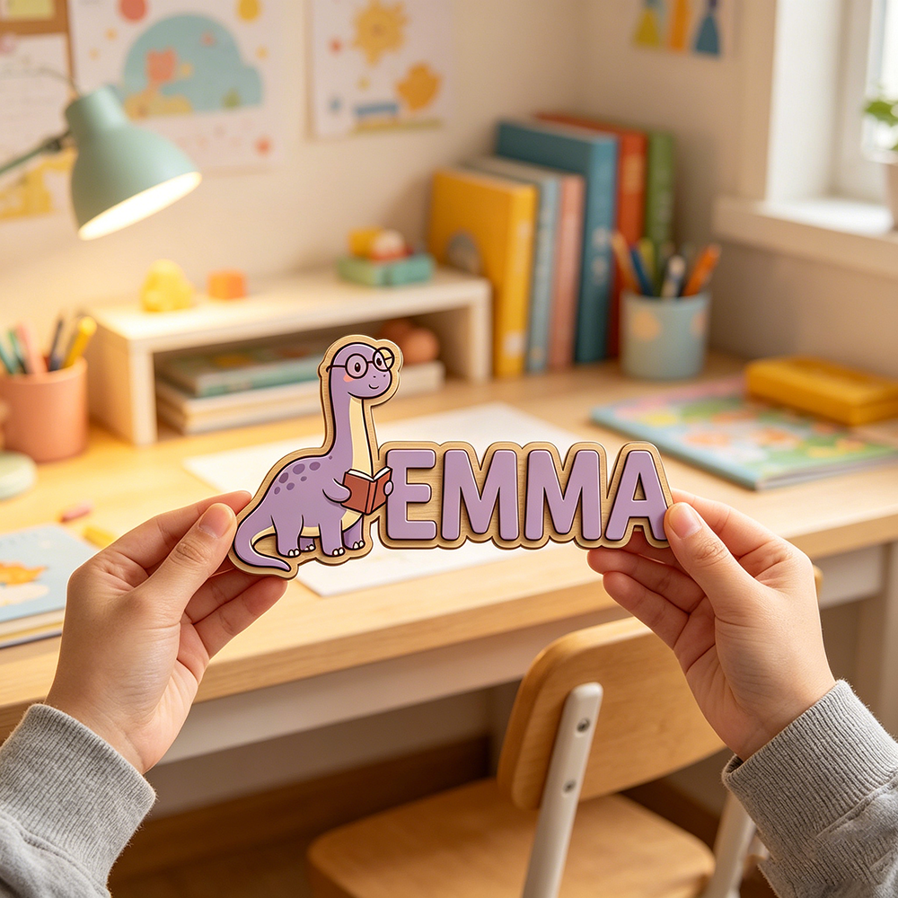 Baby Nursery Unisex - Whimsical Nerdy Dinosaur Custom Name Plaque