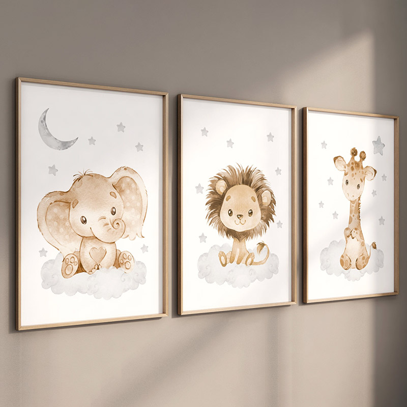 Baby Nursery Animal Pictures - Elephant Giraffe Lion Custom Baby Name