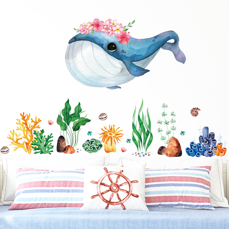 Baby Nursery Panelling - Flower Blue Whale Fish Wall Stickers