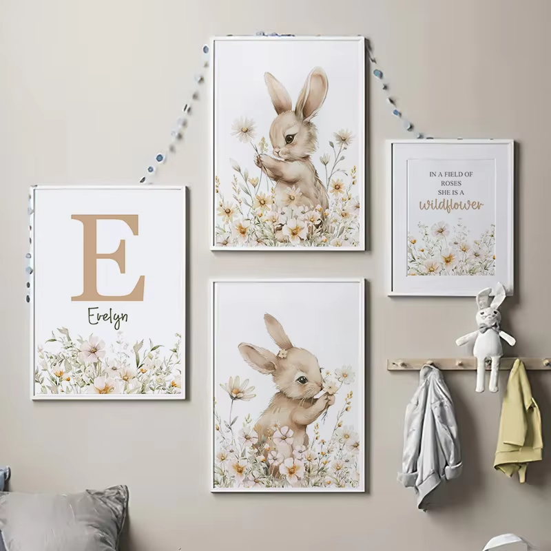 Baby Nursery Animal Pictures - Autumn Rabbit Wild Flower Daisy Nursery
