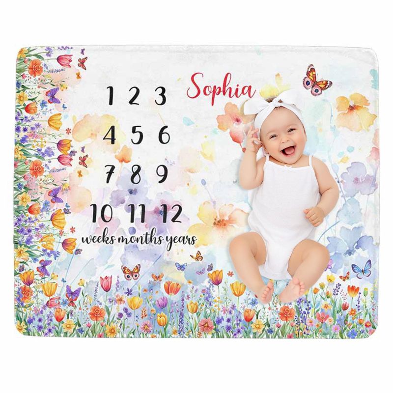 Baby Nursery Unisex - VIKAMA Wildflower Butterfly Baby Milestone Blanket,