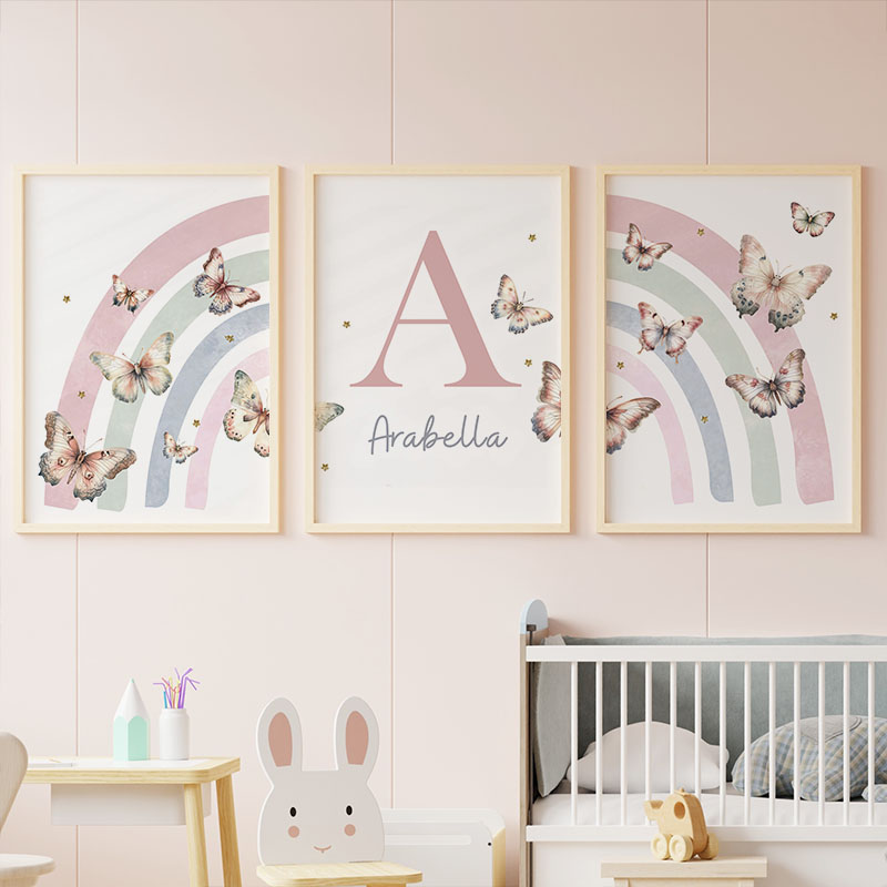 Baby Nursery Animal Pictures - Pink Rainbow Butterfly Custom Baby Name