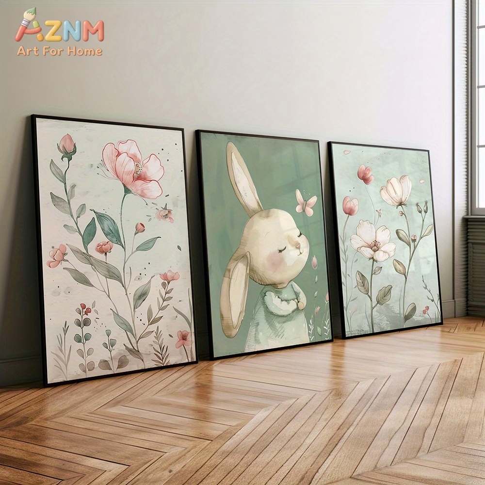 3PCS Cute Bunny and Pink Flowe - Baby Nursery Picture Frames recension och pris