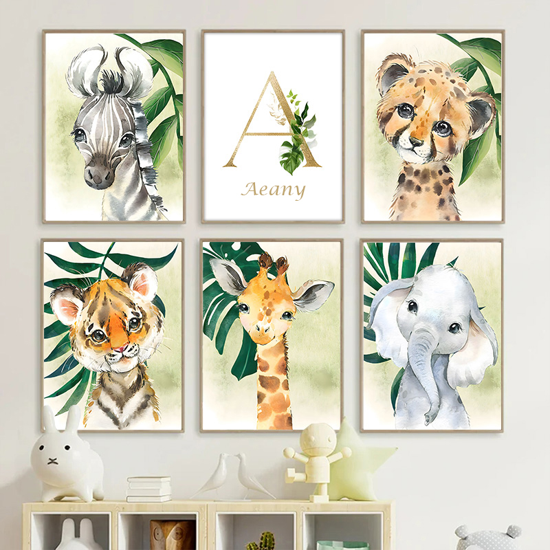 Gold Kids Name Poster Jungle A - Baby Nursery Animal Pictures recension och pris