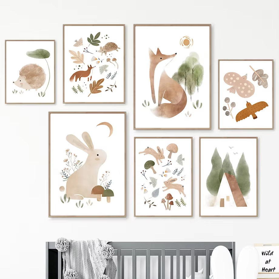 Boho Rabbit Fox Hedgehog Bird  - Baby Nursery Animal Pictures recension och pris