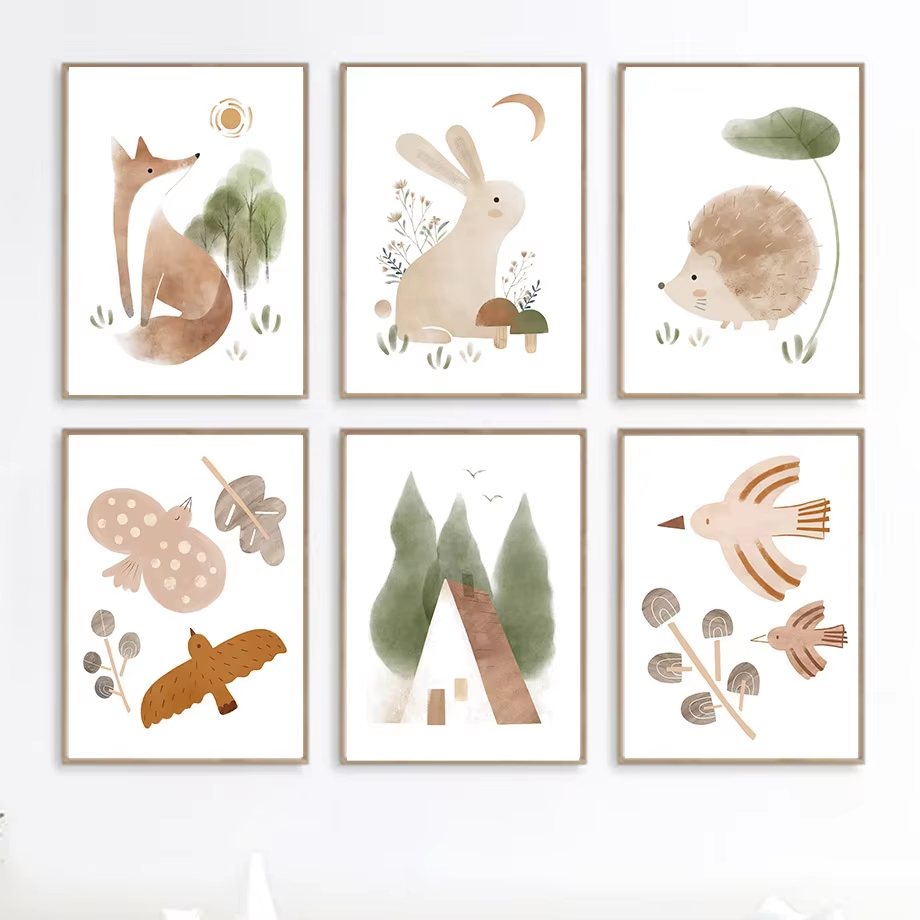 Boho Rabbit Fox Hedgehog Bird  - Baby Nursery Animal Pictures recension och pris
