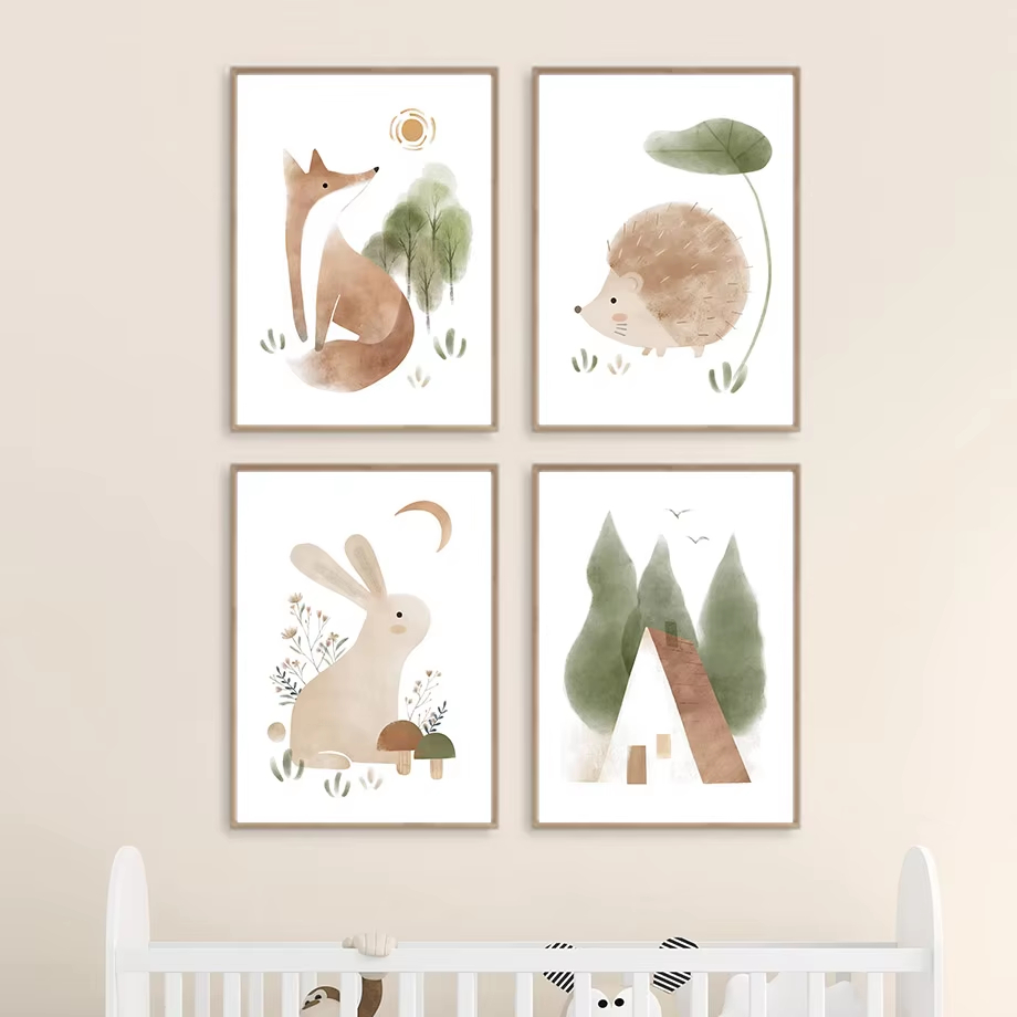 Boho Rabbit Fox Hedgehog Bird  - Baby Nursery Animal Pictures recension och pris